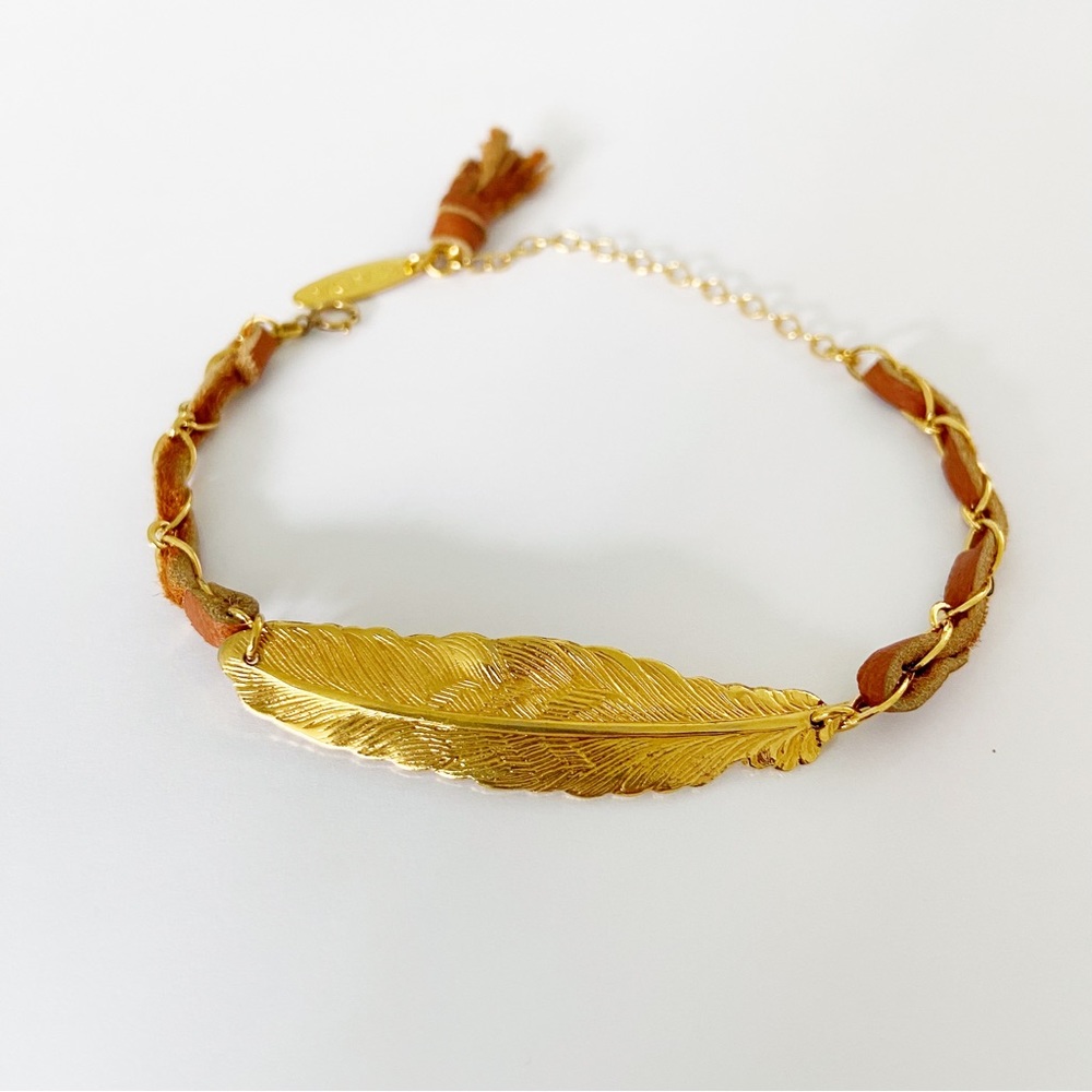ADA gold filled brown leather feather bracelet adjustable length 6-8.5”